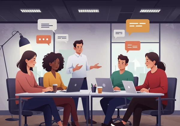 Diverse team members engaged in positive, empathetic communication.