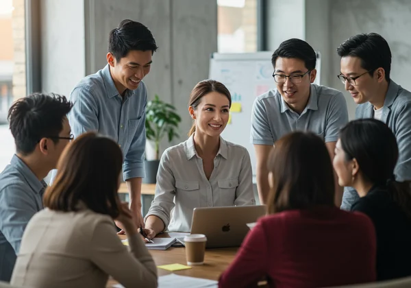 Inclusive leader engaging diverse team members positively.