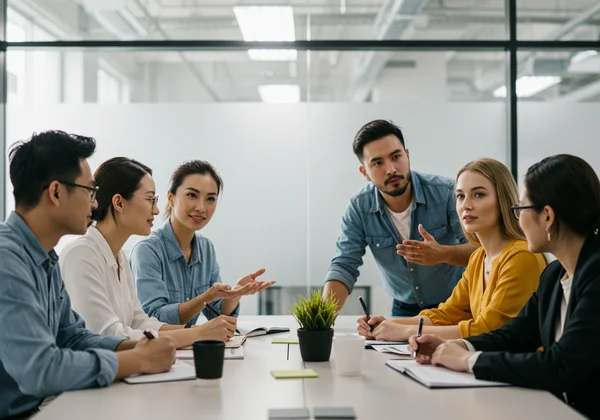 Diverse team members collaborating, showing empathy.