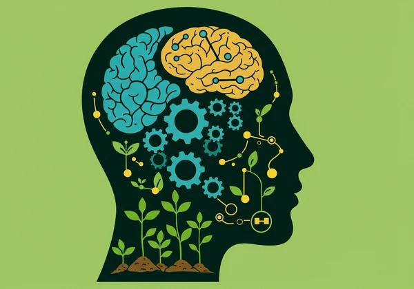 Testa umana con ingranaggi e piante, a simboleggiare la crescita emotiva.