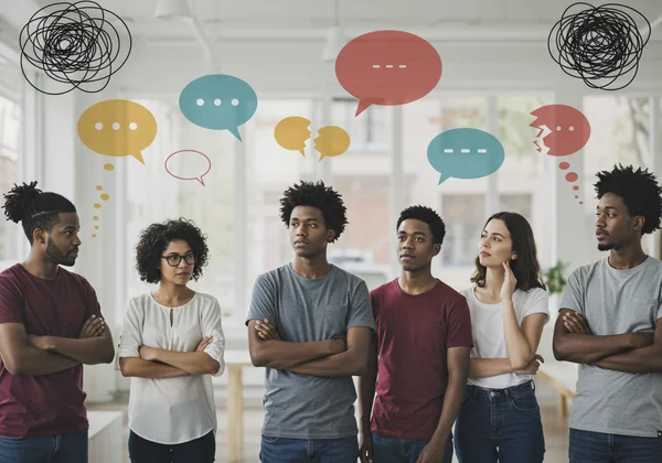 Persone con espressioni confuse che simboleggiano un fallimento della comunicazione.