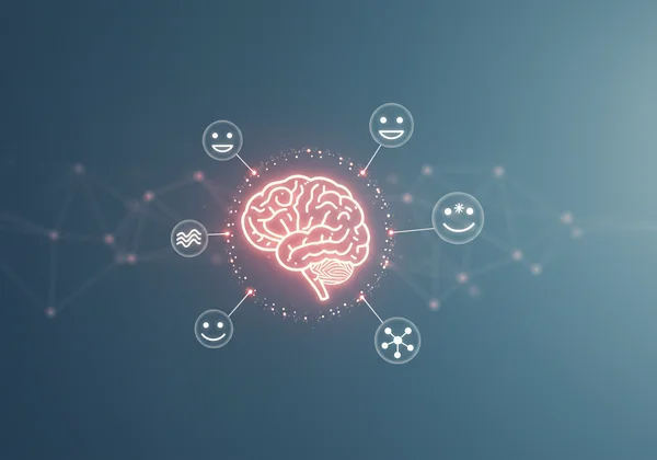 Un cerebro digital rodeado de iconos emocionales como corazones y pensamientos