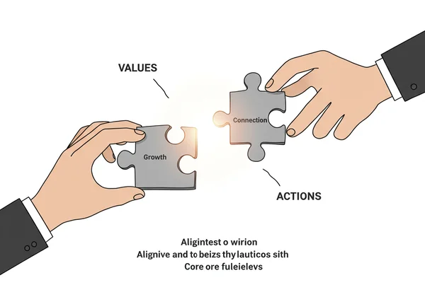 Hands aligning puzzle pieces of values and actions